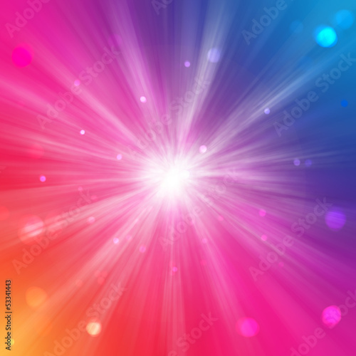 Rainbow background with circles and light rays