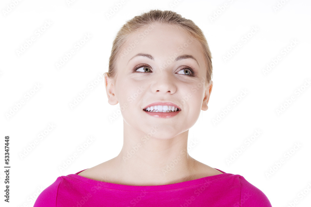 Shocked and excited woman looking up Shocked and excited woman looking up
