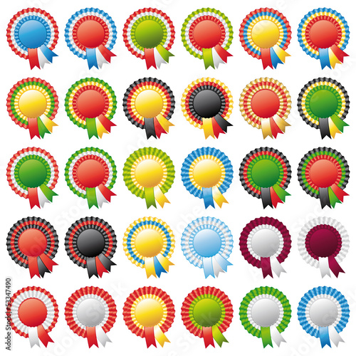 Thirty beautiful rosette ribbons. World flags. Vector set.