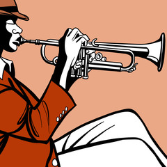 Wandcirkels Muziekband Trompetspeler in zwart-wit silhouet  © Isaxar