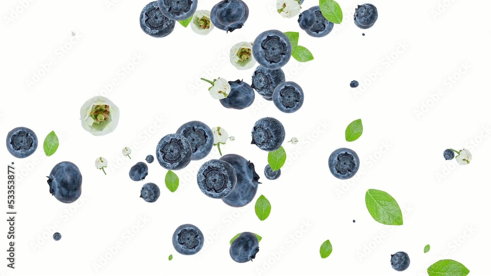 Blueberries falling down and forming a heart on white background
