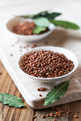 Brown lentils and fresh bay leaves