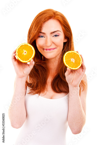 Young red hair woman with oranges in her hands