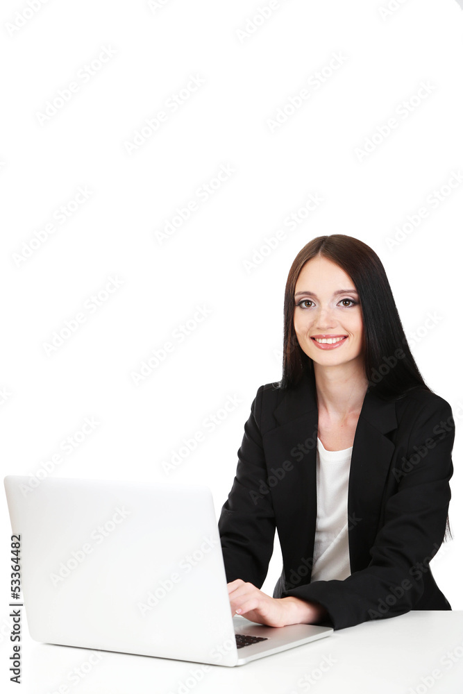 Young business woman working with computer, isolated on white Young business woman working with computer, isolated on white