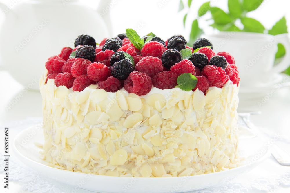 Sponge cake with cream and raspberries. Sponge cake with cream and raspberries.