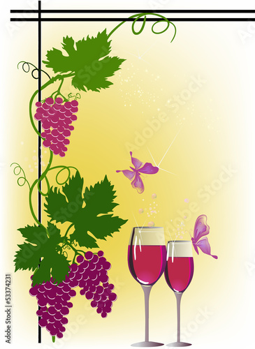 red wine and grapes on yellow background