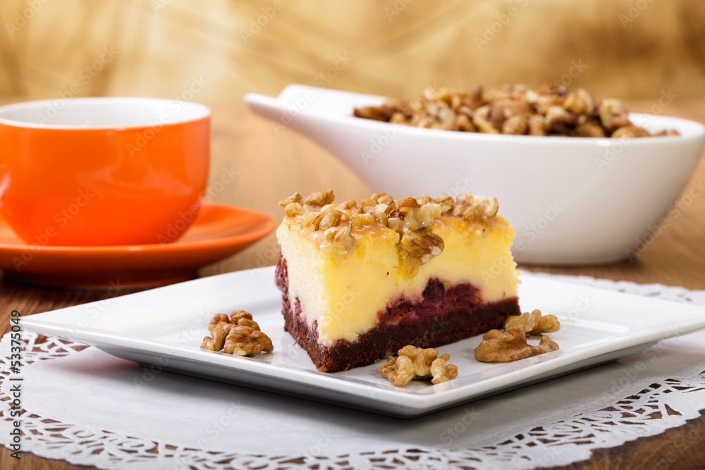 Cheesecak with a cap of coffee or tea Cheesecak with a cap of coffee or tea
