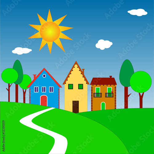 illustrazione di case su colline con sole splendente