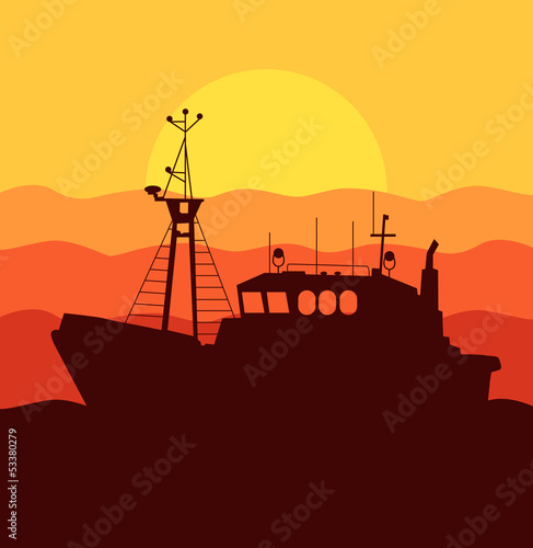 Fishing boat sunset vector background concept