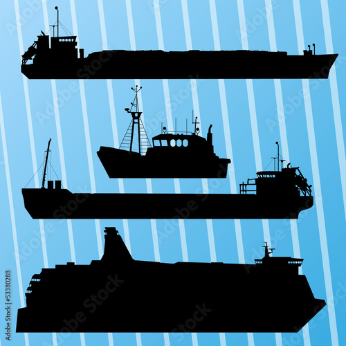 Freight ship, fishing boat and travel ferry boat set silhouettes