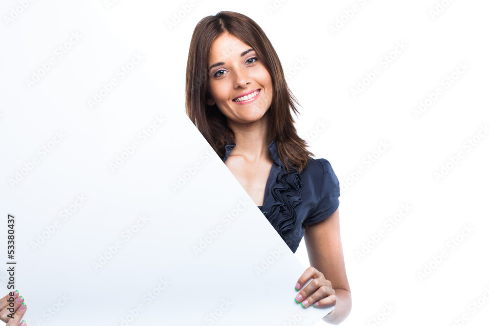 Portrait of a young woman with blank billboard Portrait of a young woman with blank billboard