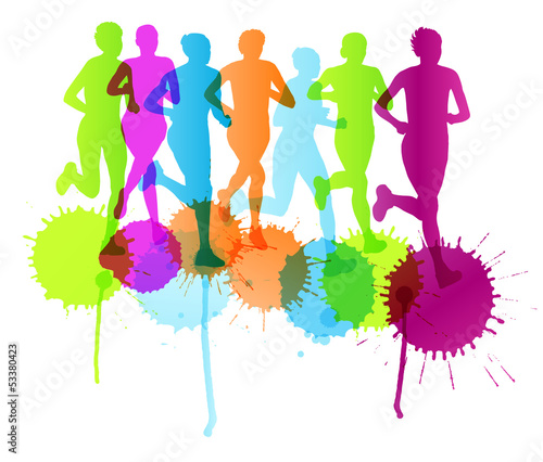 Women marathon winner finish vector background and group of runn