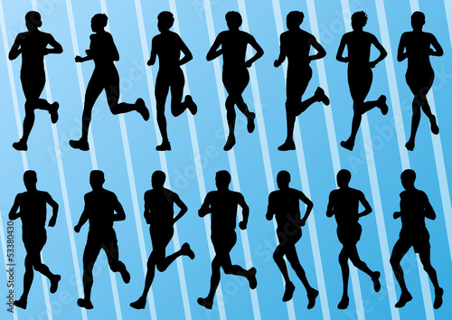 Marathon runners detailed active man and woman illustration silh