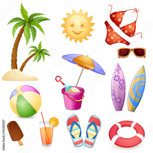 Summer beach elements isolated on white