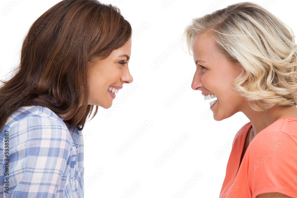 Two friends looking to each other and laughing Two friends looking to each other and laughing