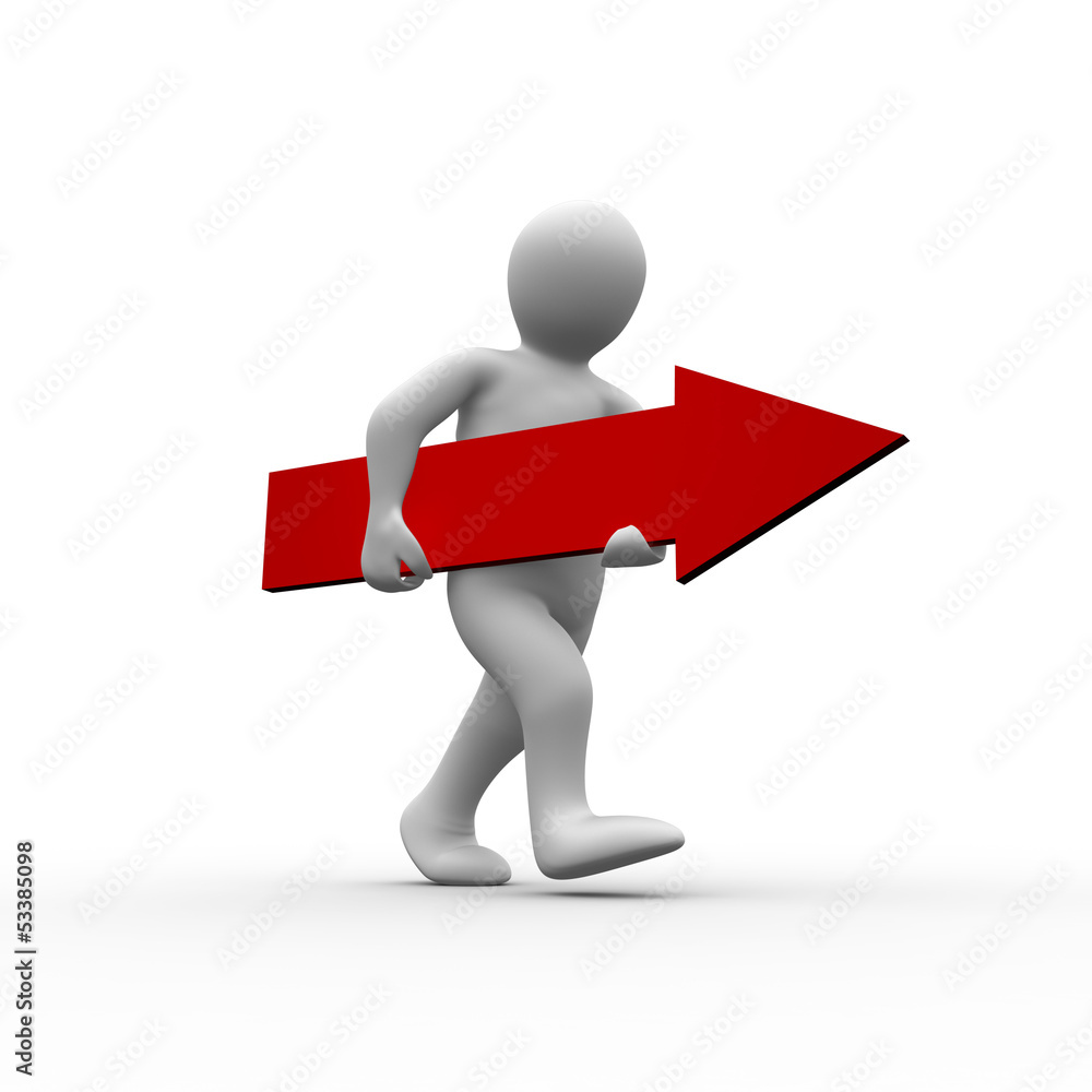 White human figure walking with red arrow in hands White human figure walking with red arrow in hands