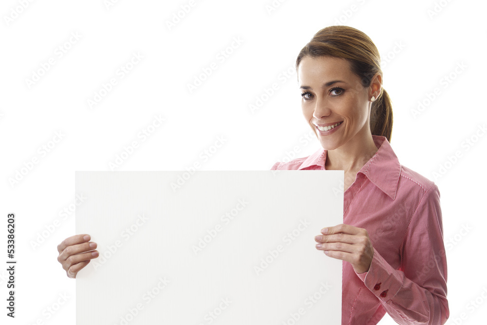 happy businesswoman holding billboard with text space happy businesswoman holding billboard with text space