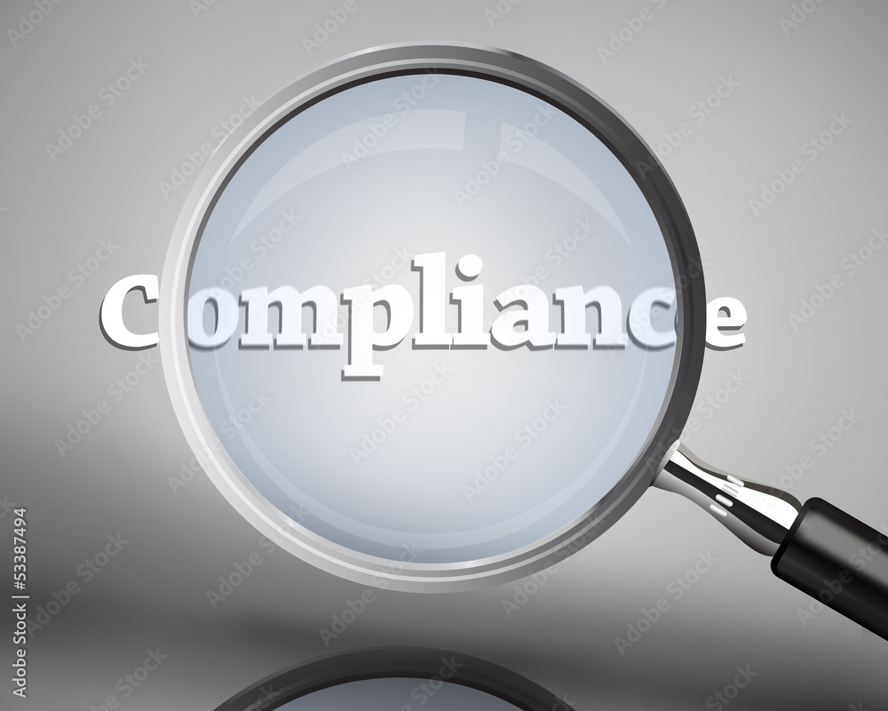 Magnifying glass showing compliance word in white Magnifying glass showing compliance word in white