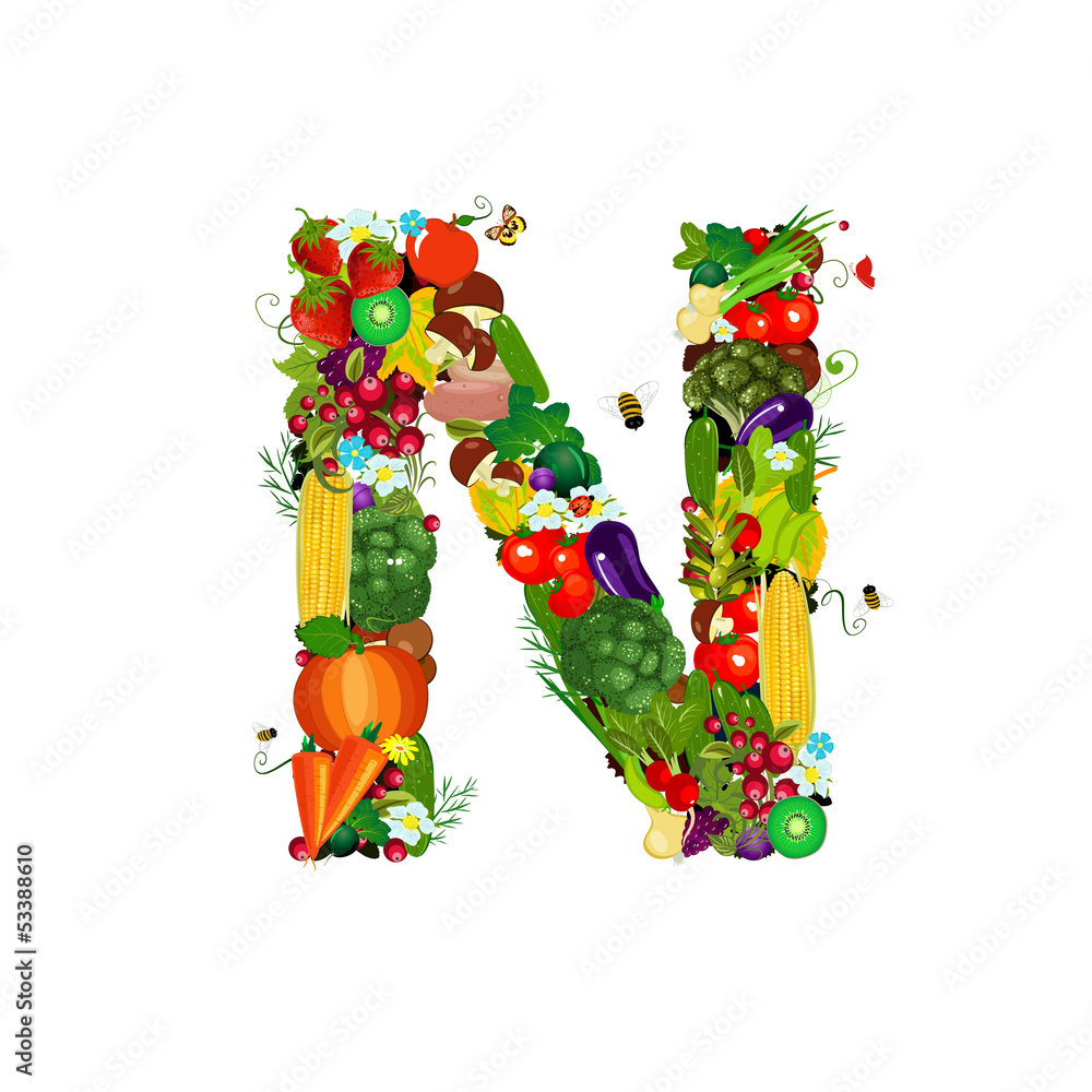 Fresh vegetables and fruits letter N