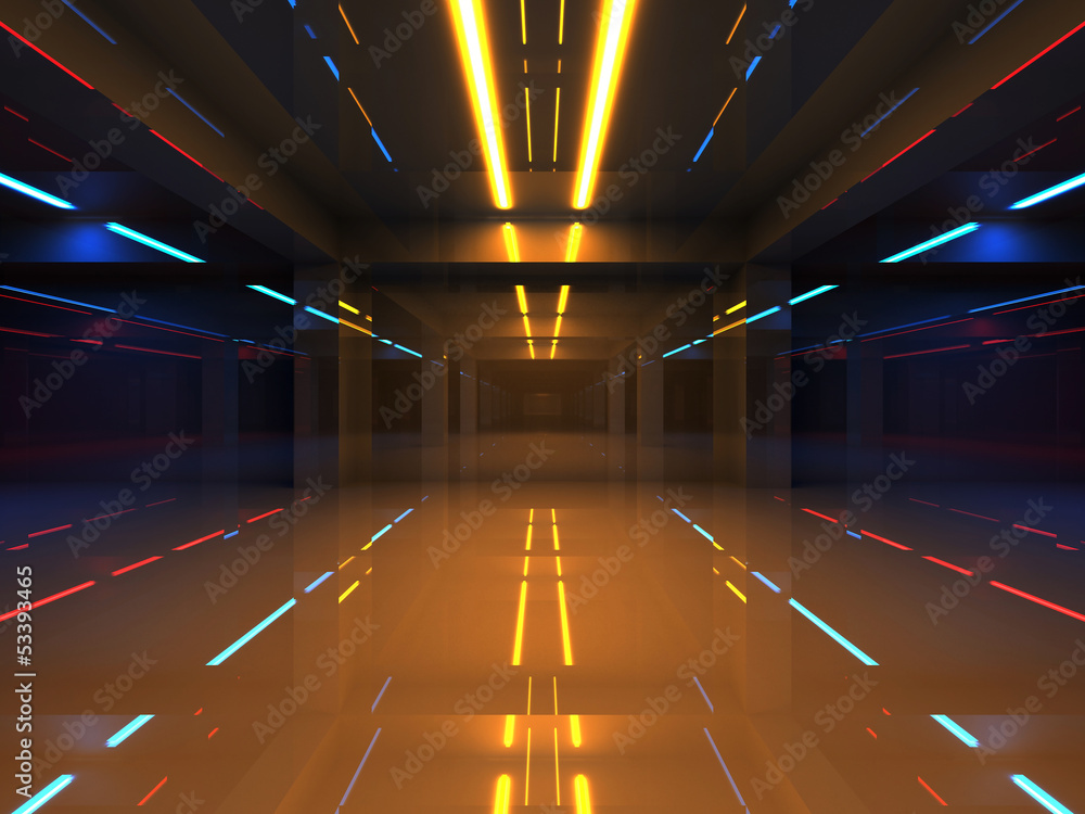 Abstract 3d interior with colorful neon lights perspective