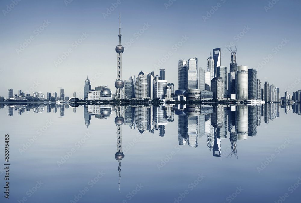 Naklejka premium Shanghai bund at city landscape panoramic skyline