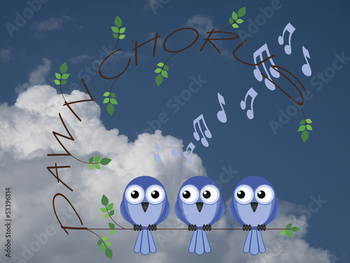 Canvas Print Bird dawn chorus twig text against a cloudy blue sky