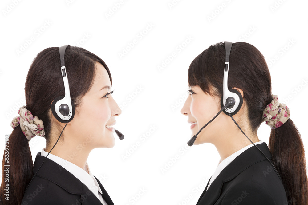 side view smiling businesswoman with headphone side view smiling businesswoman with headphone