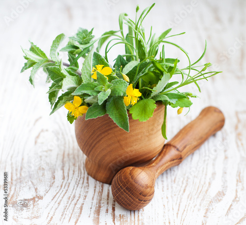 Mortar with herb