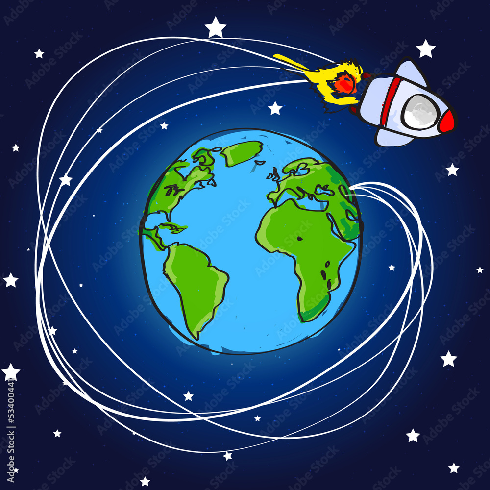 Naklejka premium Hand drawn spaceship flying around the world