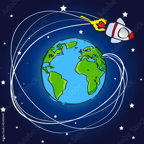 Hand drawn spaceship flying around the world