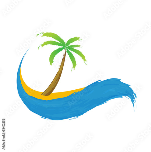 Tropical palm on island with sea. Vector icon.