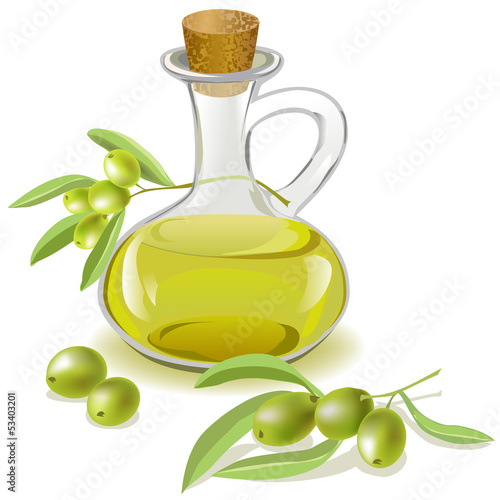 bottle of olive oil and a branch with olives