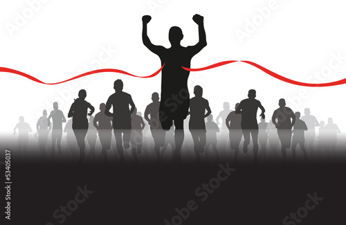 a group of runners coming through the red tape