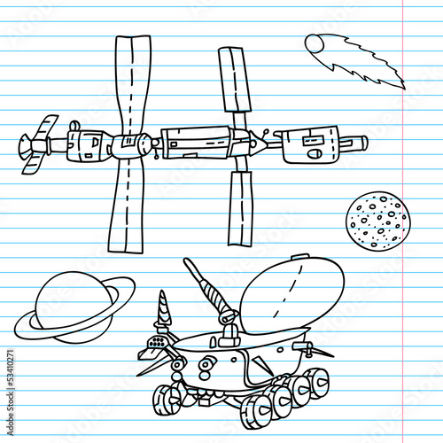 Space elements drawings - ISS, moonwalker, planet, comet, moon