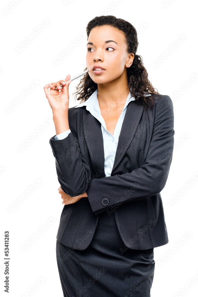 Young mixed race businesswoman thinking isolated on white backgr Young mixed race businesswoman thinking isolated on white backgr