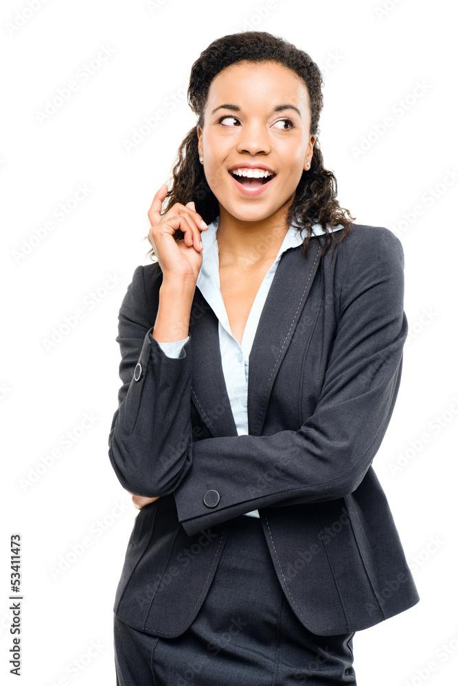 Young mixed race businesswoman thinking isolated on white backgr Young mixed race businesswoman thinking isolated on white backgr