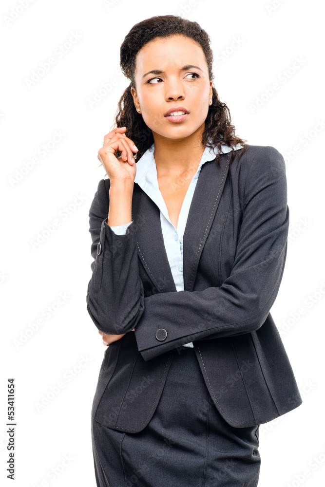 Young mixed race businesswoman thinking isolated on white backgr Young mixed race businesswoman thinking isolated on white backgr