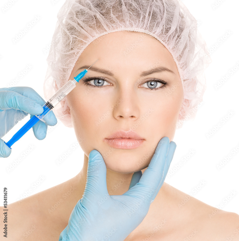 Cosmetic injection in brow zone, isolated on white Cosmetic injection in brow zone, isolated on white