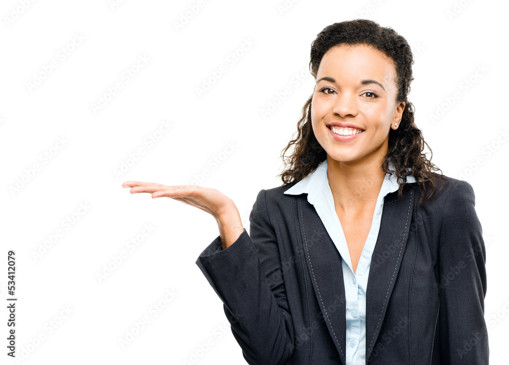 mixed race businesswoman showing empty copyspace isolated on whi mixed race businesswoman showing empty copyspace isolated on whi