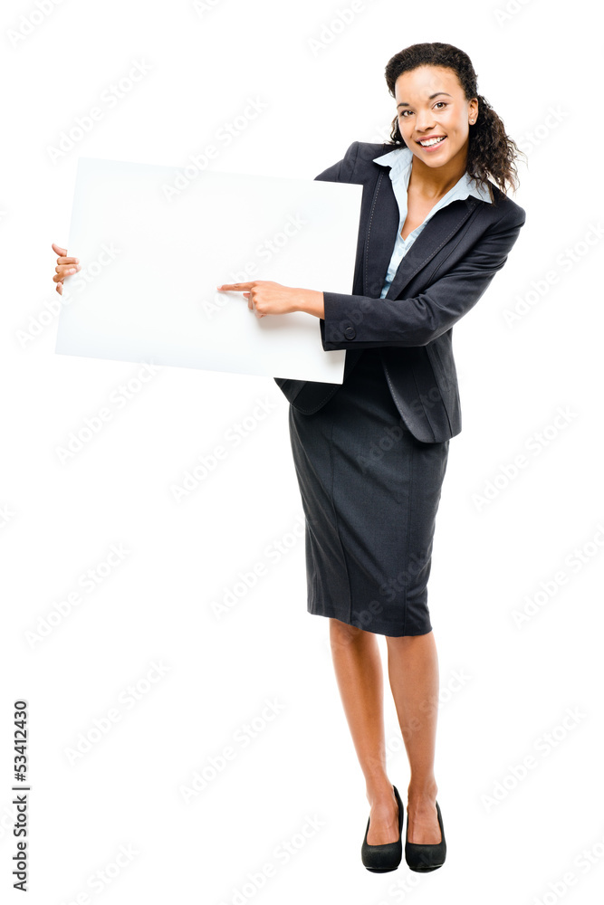 Pretty African American Businesswoman holding billboard isolated Pretty African American Businesswoman holding billboard isolated