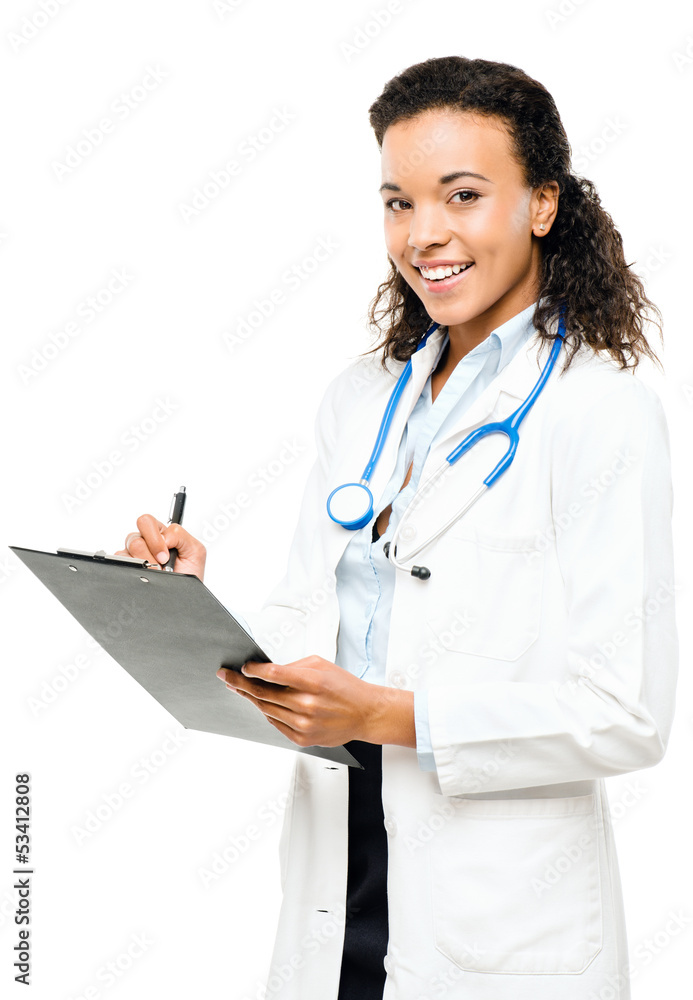 African American Doctor happy smiling isolated on white backgrou African American Doctor happy smiling isolated on white backgrou