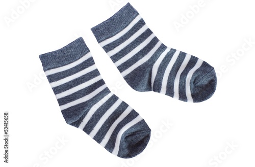 gray striped baby socks on white background