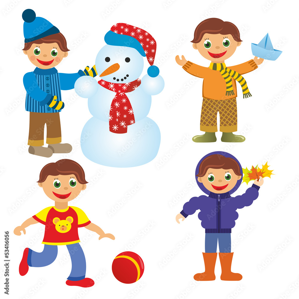 happy boy in different times of year on white background happy boy in different times of year on white background