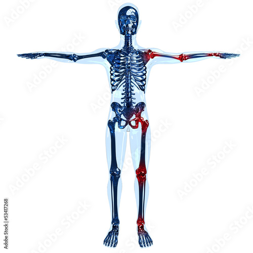 Foto Full human skeleton 3D concept with joint pain on left side