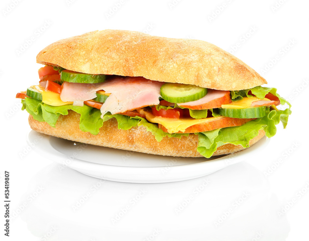 Fresh and tasty sandwich with ham and vegetables isolated Fresh and tasty sandwich with ham and vegetables isolated