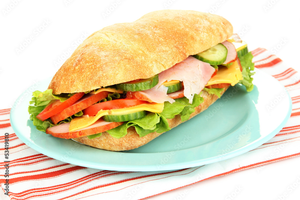 Fresh and tasty sandwich with ham and vegetables isolated