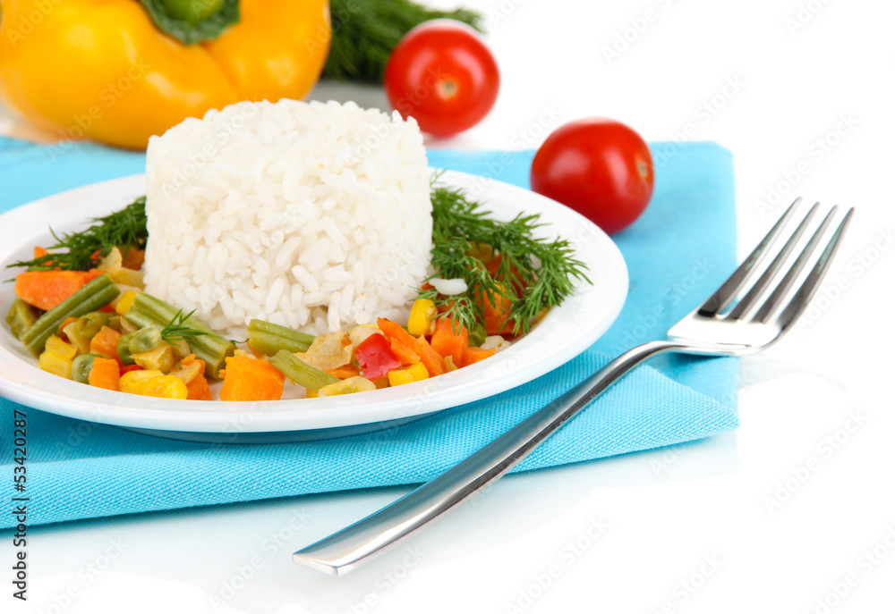 Delicious risotto with vegetables isolated on white Delicious risotto with vegetables isolated on white