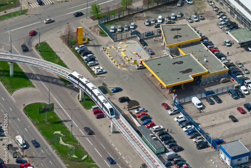 Birdseye view of a monorail train in Moscow, Russia