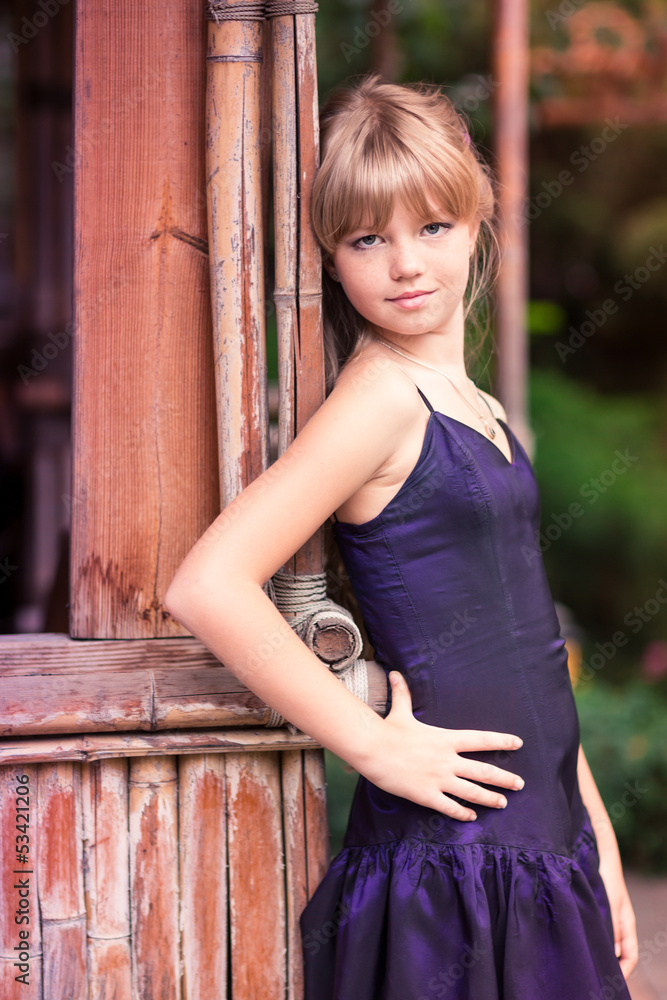 Fototapeta premium Charming little girl in a beautiful dress outdoor