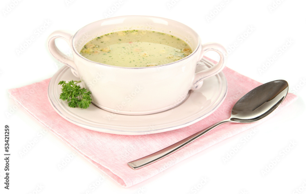 Nourishing soup with vegetables in pan isolated on white Nourishing soup with vegetables in pan isolated on white